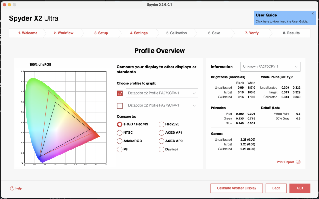 Calibration Results Datacolor Spyder X2 sRGB